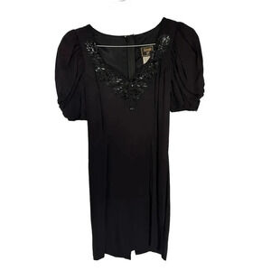 Midnight Women's Black Short Sleeve V-Neck Embroidered Back Zip Dress Size 10